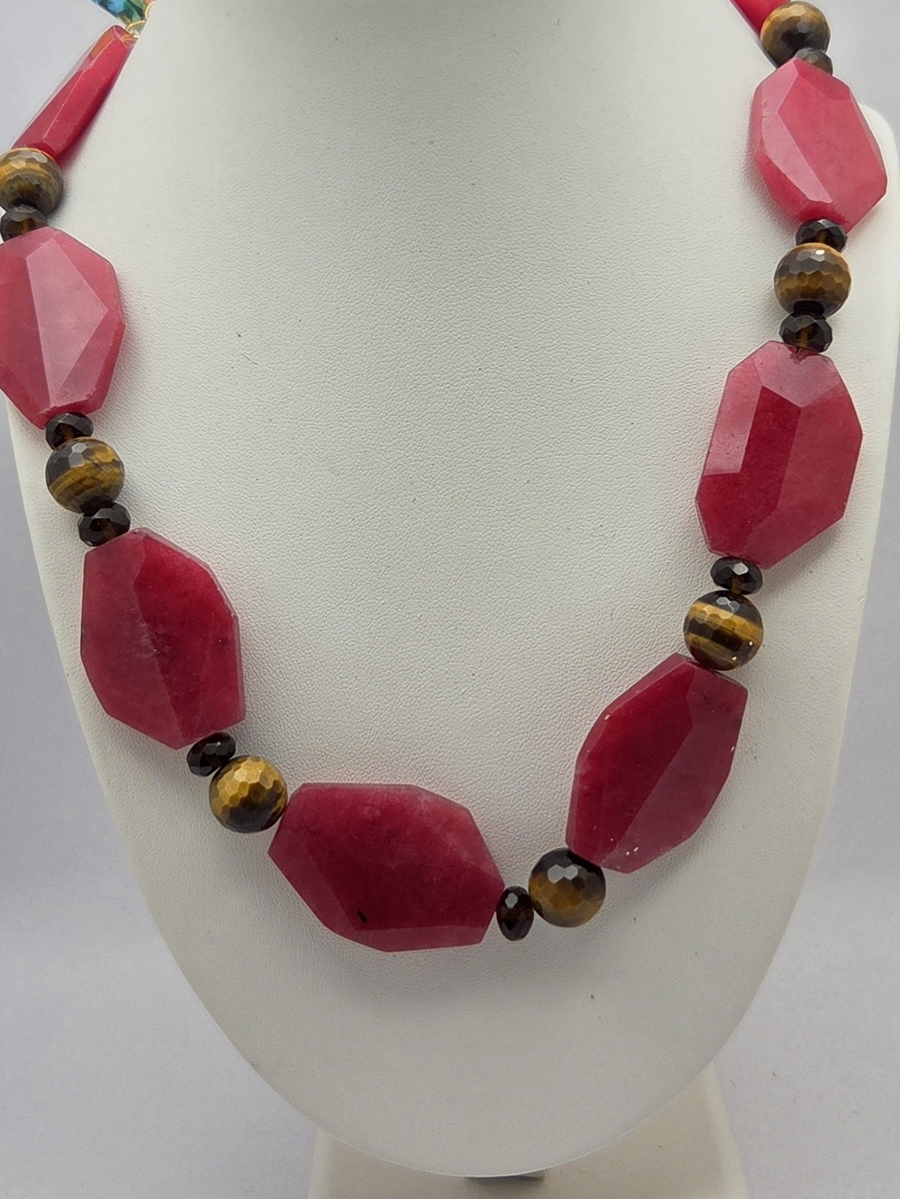 Bold Magenta Gemstone & Tiger's Eye Bead Necklace 23" Statement